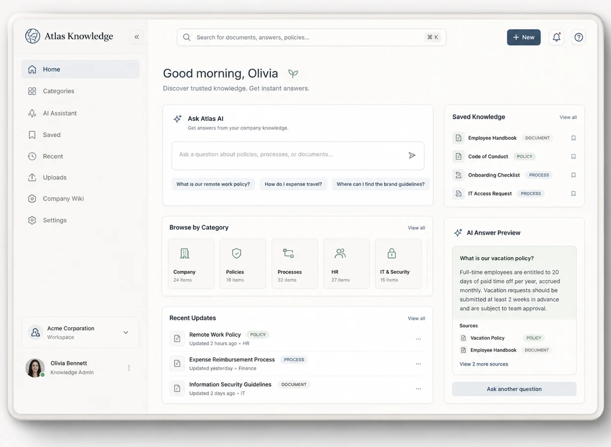 The Atlas Knowledge hub, showing the company knowledge base and its answer panel.