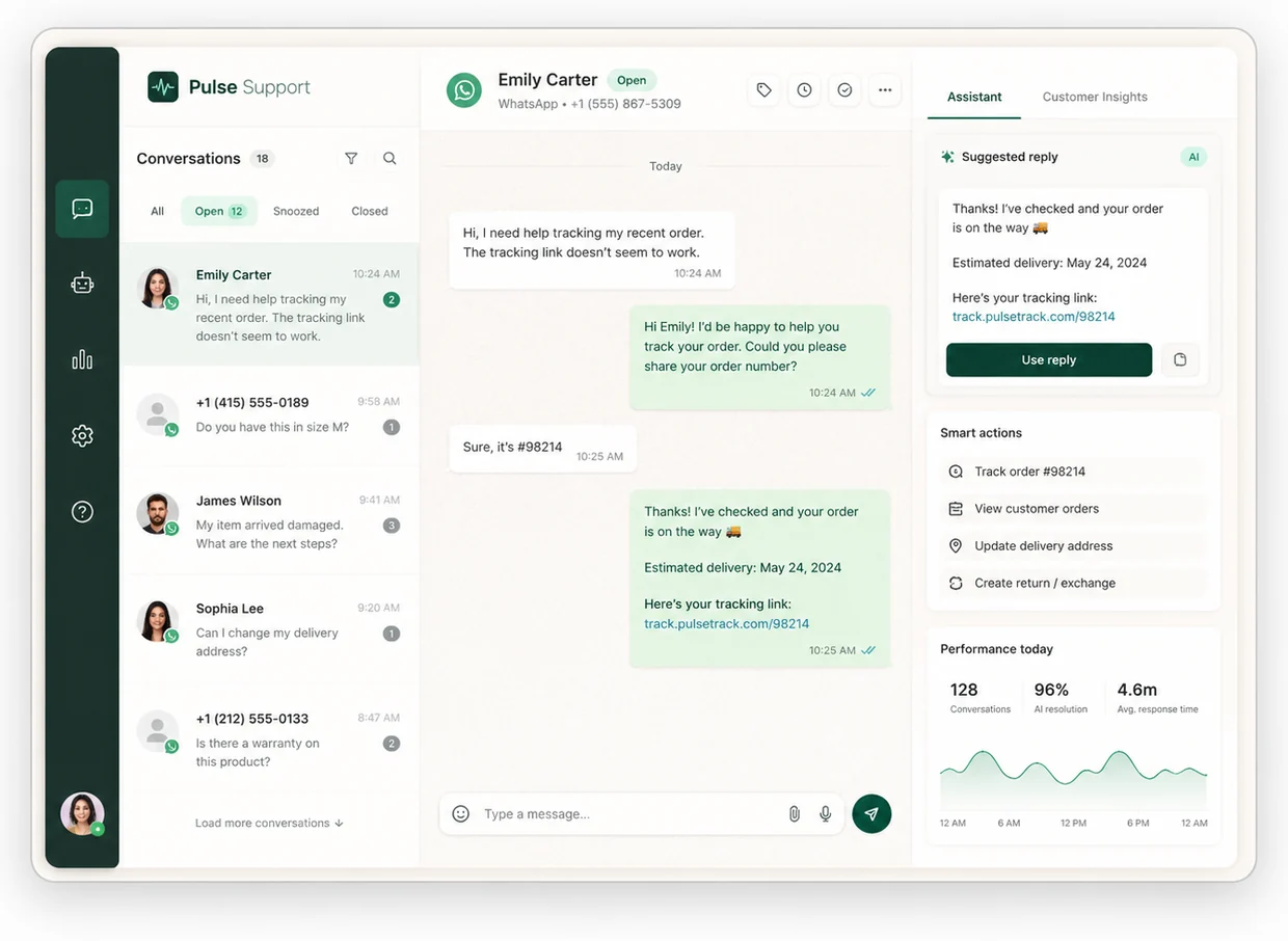 The Pulse Support workspace, showing a customer conversation with AI-drafted replies.